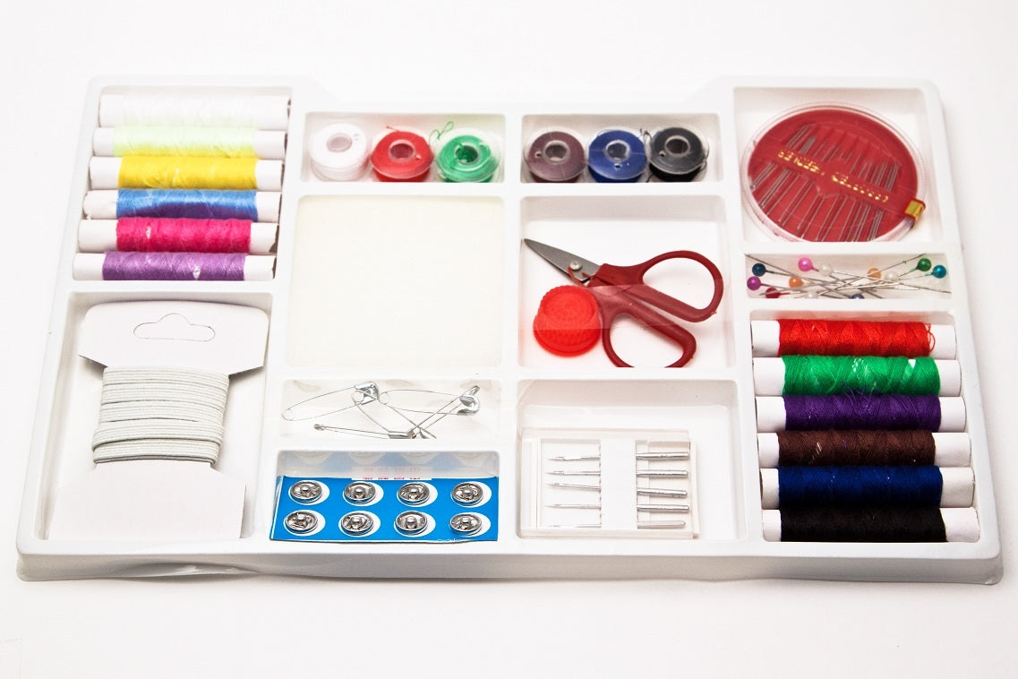 PACK OF 3 JUMBO SEWING KIT THREAD SNAPS ELASTIC, SCISSORS, NEEDLES, PIN CUSHION