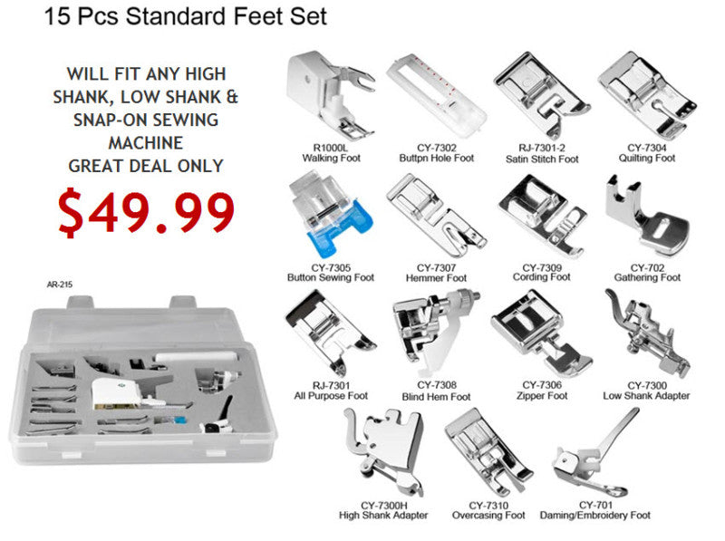 15-piece Premium Sewing Foot Package - Includes Even-feed Walking Foot, Large Me