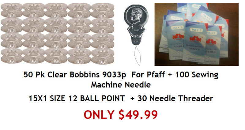 50 Pk Bobbins for pfaff # 9033p +100 Sewing Machine needle size 12 + 30 threader