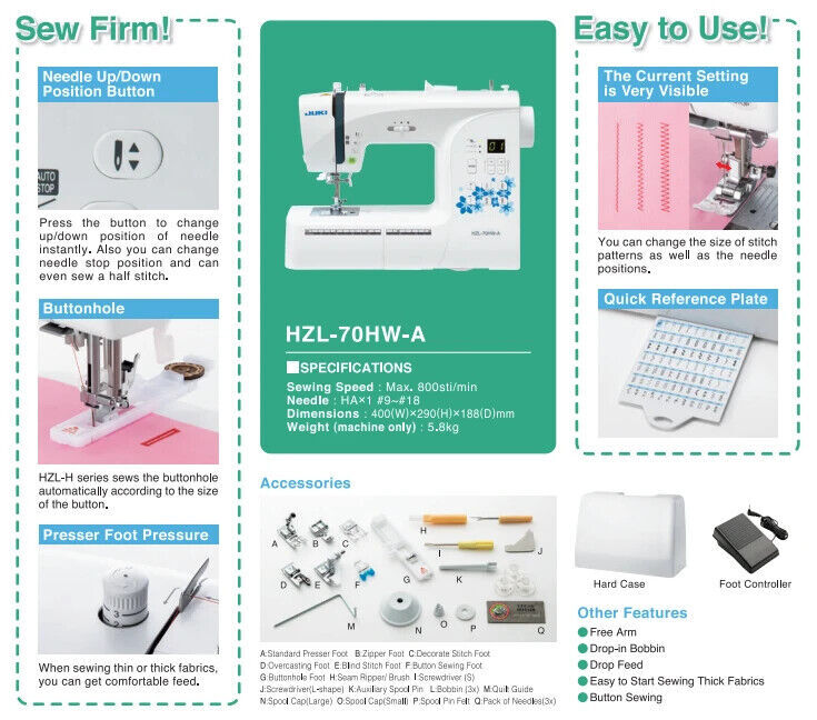 JUKI HZL-70HW Compact Size Computer Controlled Sewing Machine FREE SHIPPING