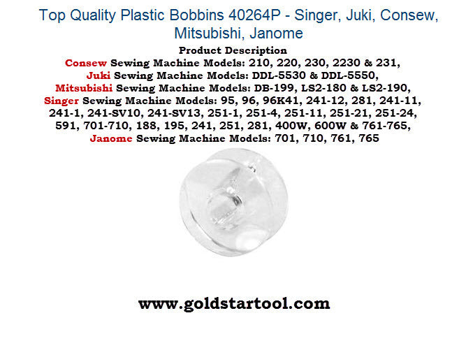 10 Top Quality Plastic Bobbins 40264P - Singer, Juki, Consew, Mitsubishi, Janome