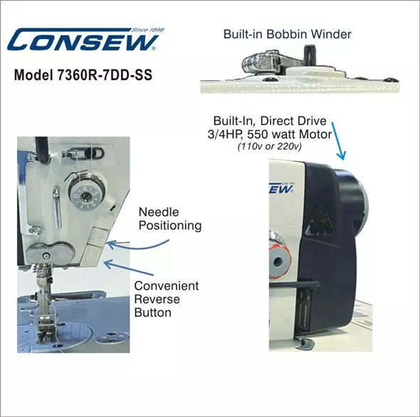 Consew 7360R-7DD-SS High-Speed Direct-Drive Lockstitch Machine Sewing Machine With Table and Servo Motor