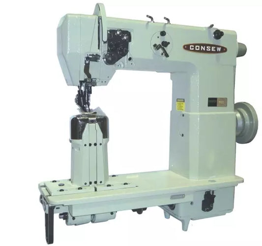 Consew 702 High Speed, 2 Needle, Post Bed, Drop Feed, Needle Feed Lockstitch Industrial Sewing Machine With Table and Servo Motor