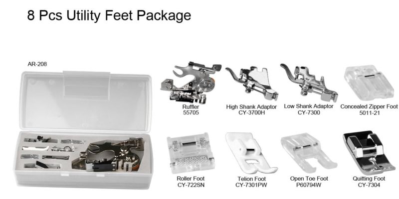 8 Piece Utility Sewing Feet Package - Includes Low & High Shank Adaptor