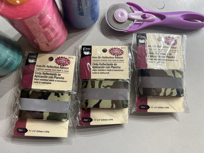 3 PACKS of Dritz Iron-On Reflective Ribbon, Camouflage Camo Green 1-1/2" USA