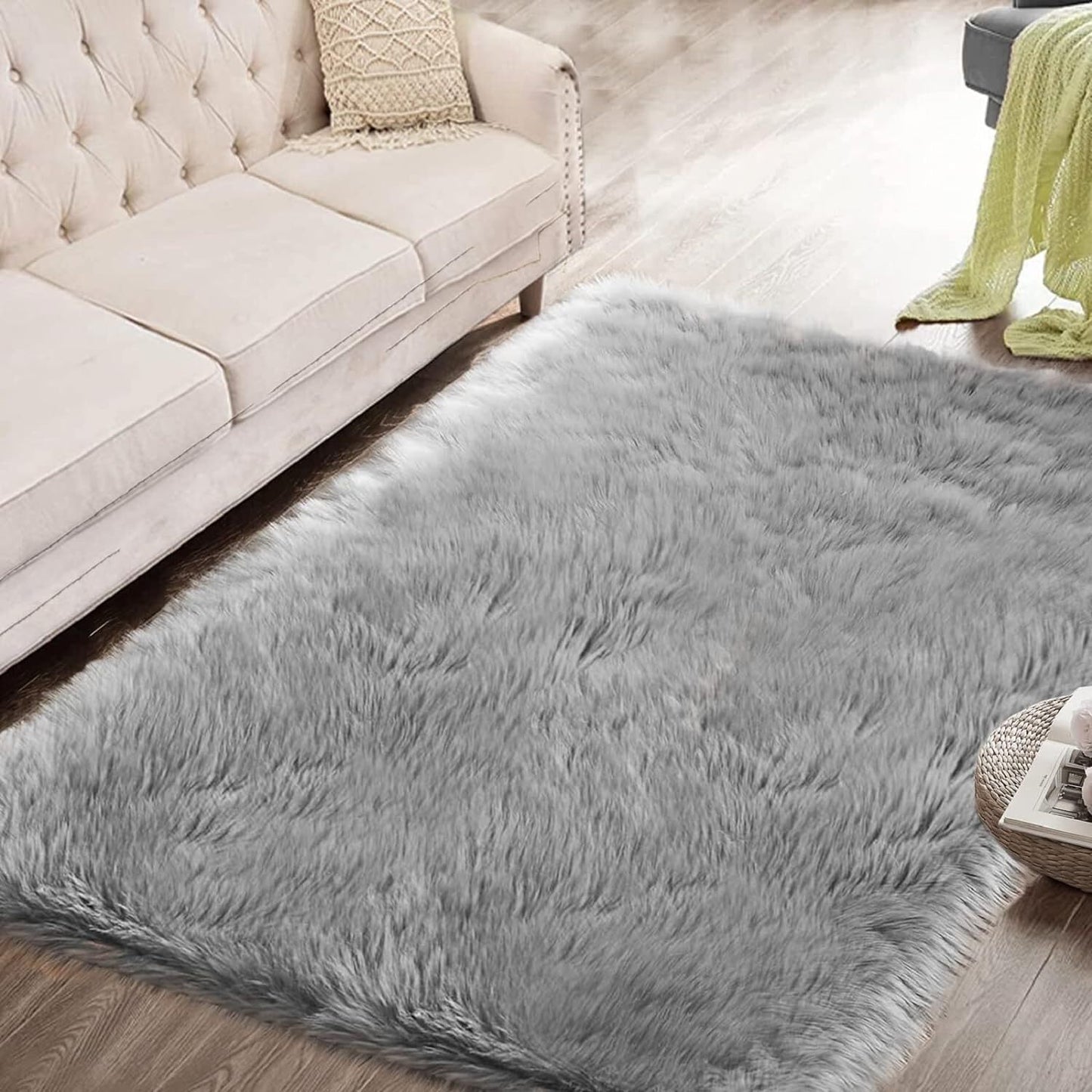 3 x 5 Fuzzy Faux Fur Gray Washable Area Rugs for Living Room for Bedroom