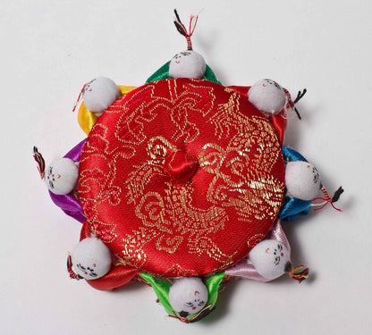 pin cushion ,silk material with STORAGE CANISTER INSIDE FOR PINS & NEEDLES 4"X1"