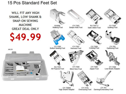 15-piece Premium Sewing Foot Package - Includes Even-feed Walking Foot, Large Me