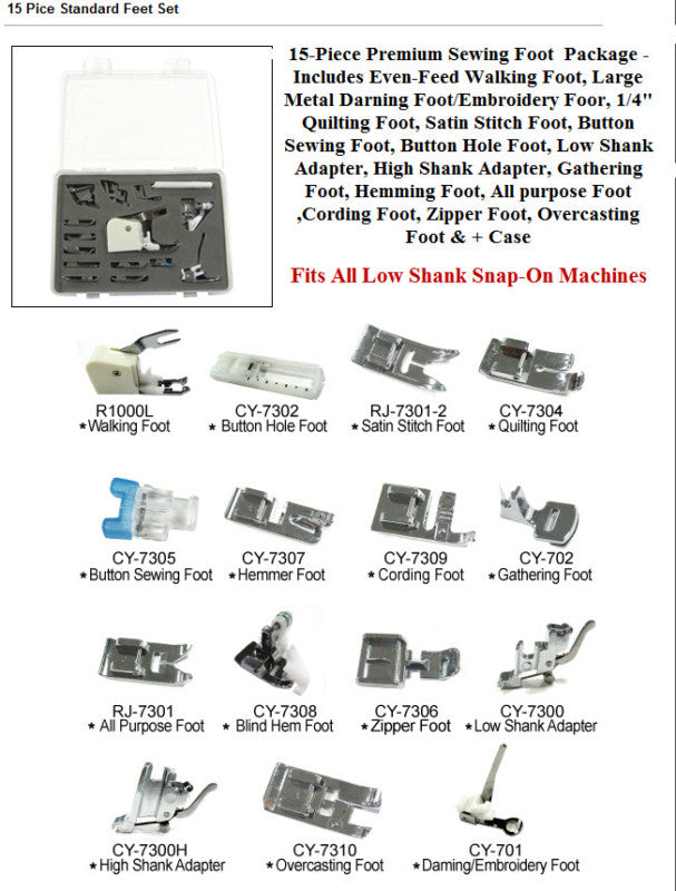 15-piece Premium Sewing Foot Package - Includes Even-feed Walking Foot, Large Me