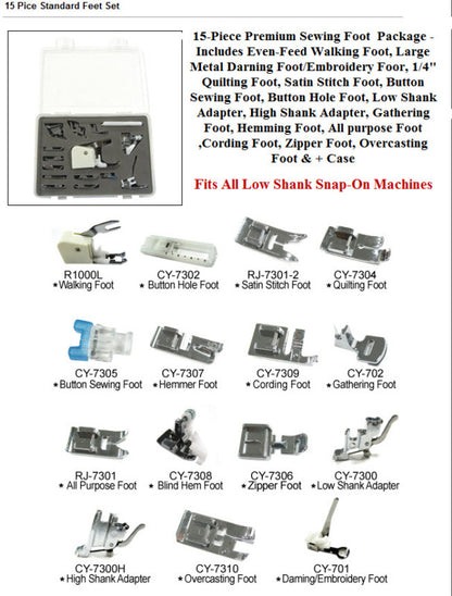 15-piece Premium Sewing Foot Package - Includes Even-feed Walking Foot, Large Me