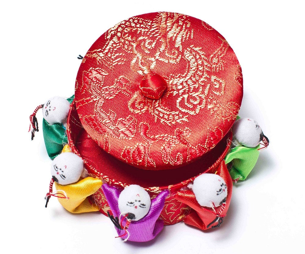pin cushion ,silk material with STORAGE CANISTER INSIDE FOR PINS & NEEDLES 4"X1"