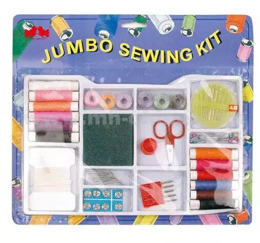 PACK OF 3 JUMBO SEWING KIT THREAD SNAPS ELASTIC, SCISSORS, NEEDLES, PIN CUSHION