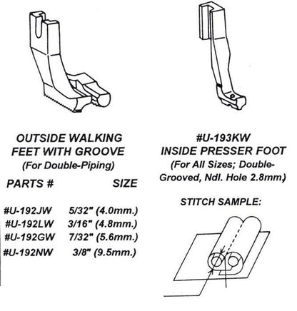 U-192+U-193KW Double Welting / Piping / Cording Walking Presser Foot Set
