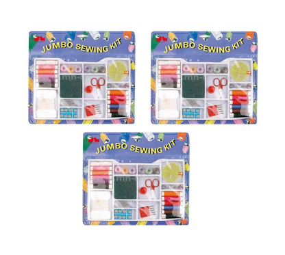 PACK OF 3 JUMBO SEWING KIT THREAD SNAPS ELASTIC, SCISSORS, NEEDLES, PIN CUSHION