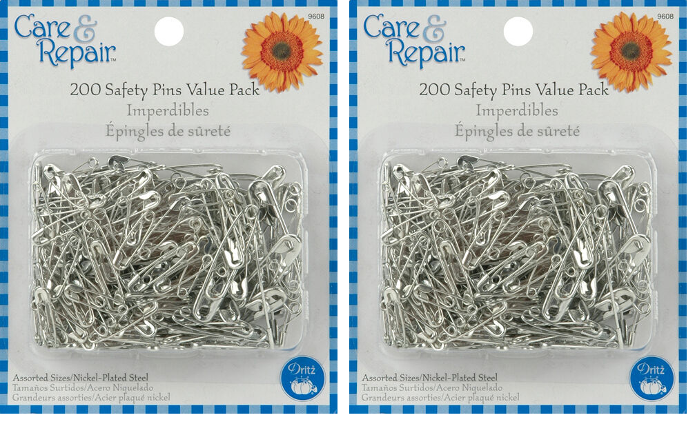 2 PACK Safety Pins Assorted Sizes 200/Pkg Nickel Plated FREE SHIPPING