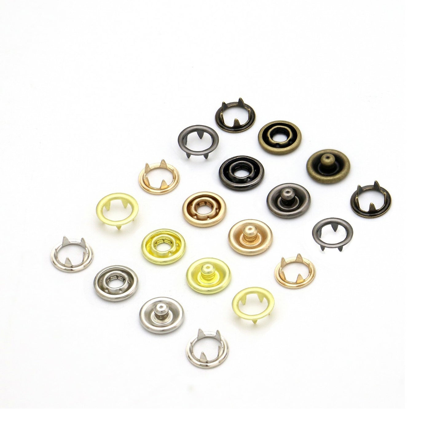 PRONG SNAP RING BUTTON, 7.5,9,5,11 &15 MM,NICKLE,GOLD,BRONZE,GUN METAL,USA SALE
