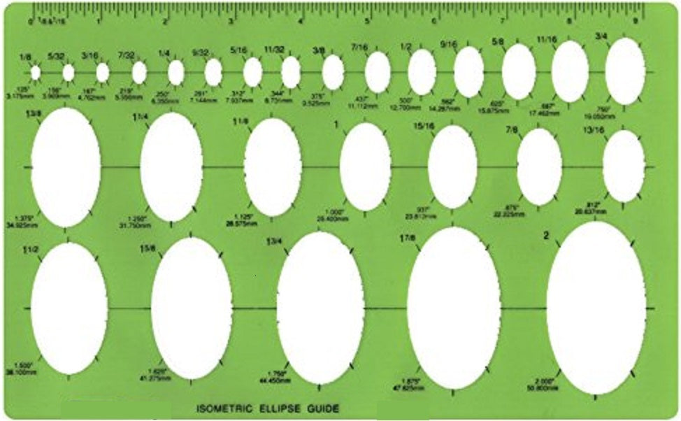 Isometric Ellipse Guide Template 27 ellipses ,size from 1/8 to 2",GREEN PLASTIC