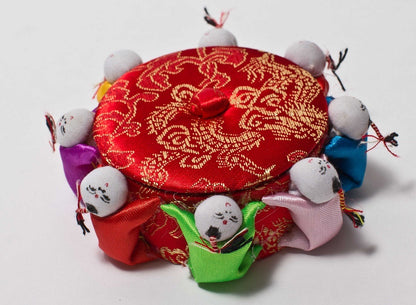 pin cushion ,silk material with STORAGE CANISTER INSIDE FOR PINS & NEEDLES 4"X1"