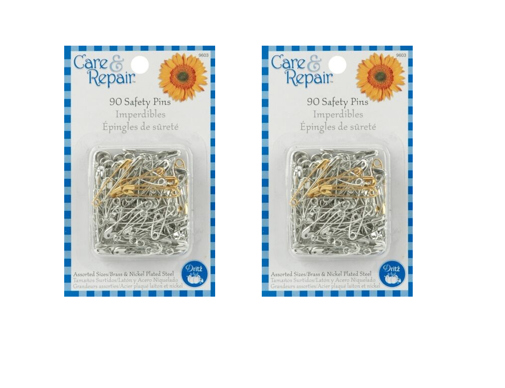 2 pk of 90 (180 total) Dritz Assorted Sizes Steel Brass & Silver Safety Pins