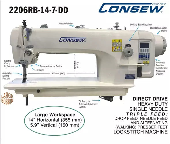 Consew 2206RB-14-7-DD Direct-Drive Heavy-Duty Triple-Feed Industrial Sewing Machine