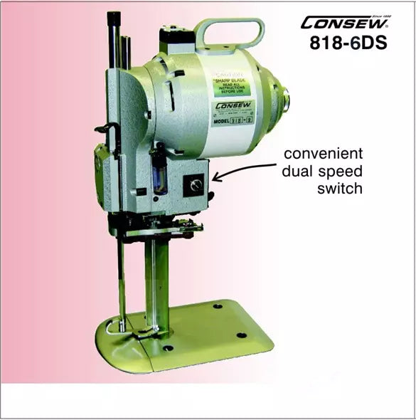 Consew 818-6DS Straight Knife Cloth Cutting Machine with Automatic Abrasive Belts Sharpener With Table and Servo Motor