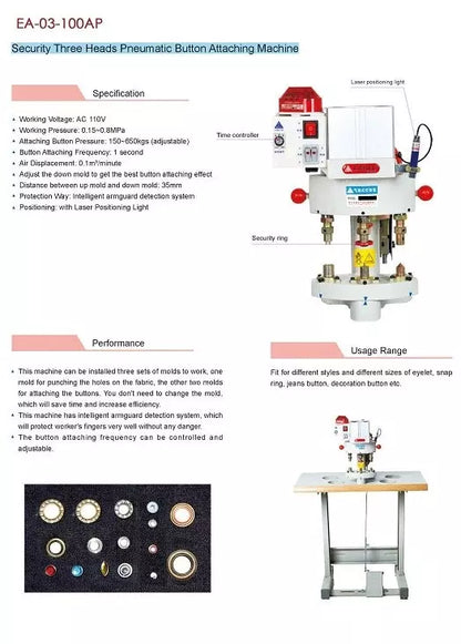 New Tech 3 Head Pneumatic Grommet Press Machine w/Laser Pointer (3 die set)