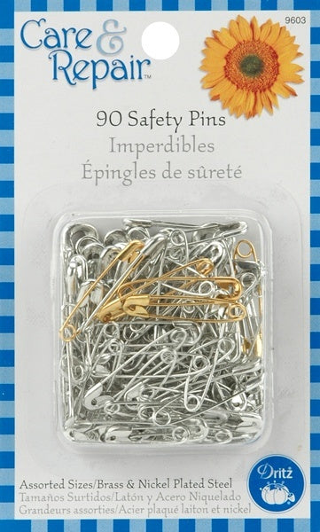 2 pk of 90 (180 total) Dritz Assorted Sizes Steel Brass & Silver Safety Pins