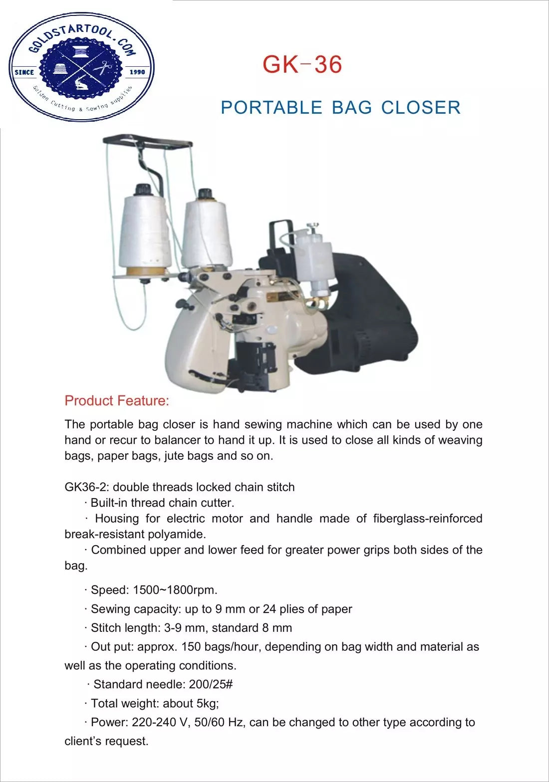 New-Tech GK-2006-2 Portable Double-Thread Heavy-Duty Bag Closer Industrial Sewing Machine