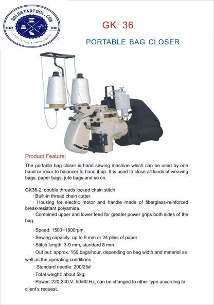 New-Tech GK-2006-2 Portable Double-Thread Heavy-Duty Bag Closer Industrial Sewing Machine