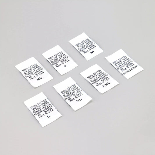 Sew-In Printed Fabric Care "100% Cotton - MADE IN U.S.A." Size Clothing Labels