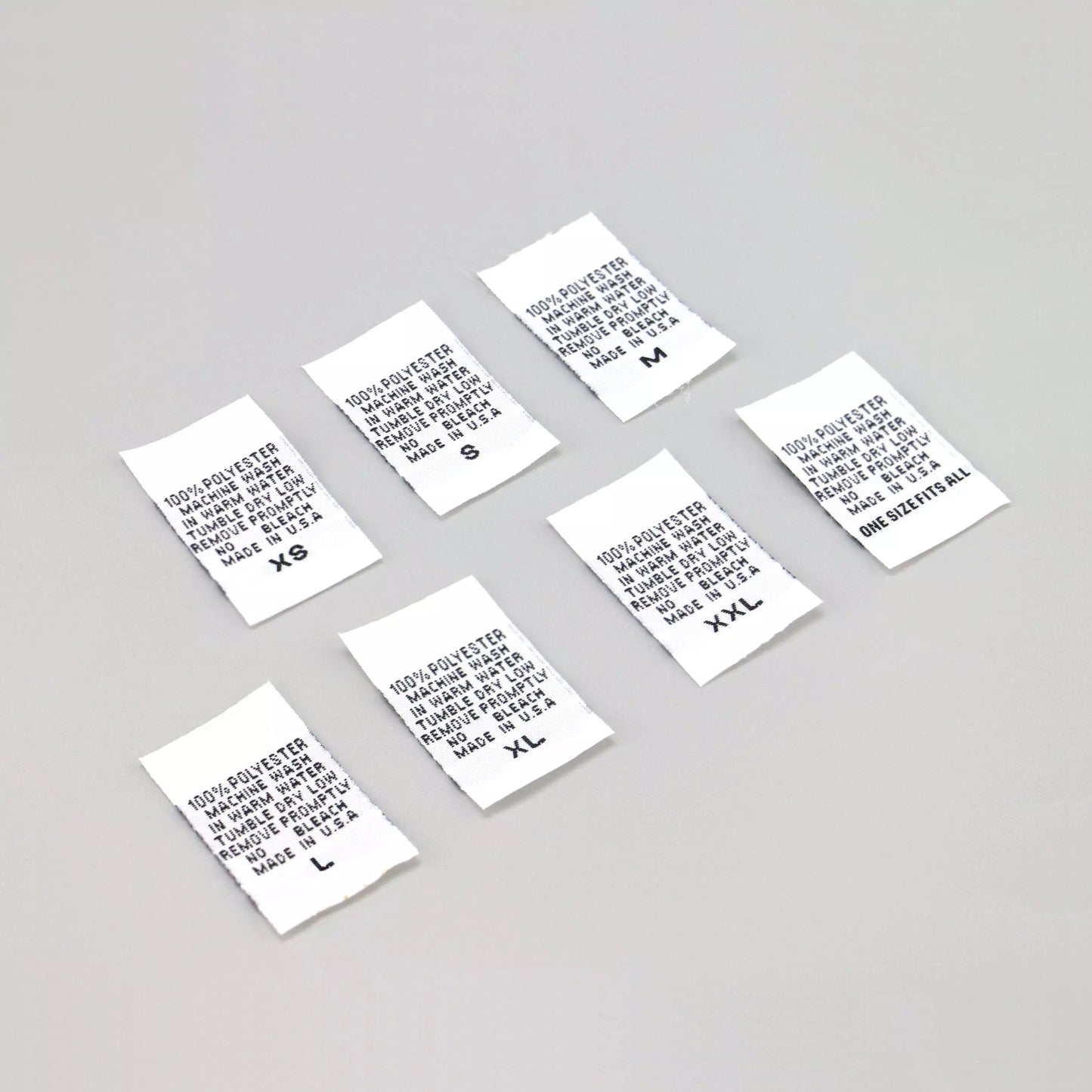 Sew-In Printed Fabric Care "100% Polyester - MADE IN U.S.A." Size Clothing Labels