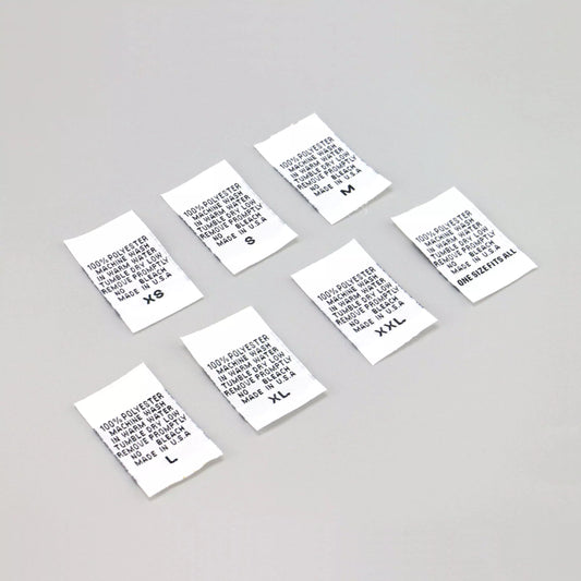 Sew-In Printed Fabric Care "100% Polyester - MADE IN U.S.A." Size Clothing Labels
