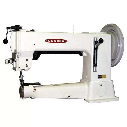 Consew 2050 LongArm 16.5" Extra Heavy Duty Cylinder Bed Long Arm 1 Needle Compound Feed Alternating Presser Feet Lockstitch Industrial Sewing Machine With Table and Servo Motor