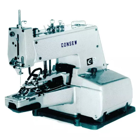 Consew 241-1TK Industrial Cylinder Bed Button Sewing & Tacking Machine – Single Needle Chainstitch with Complete Table & Servo Motor