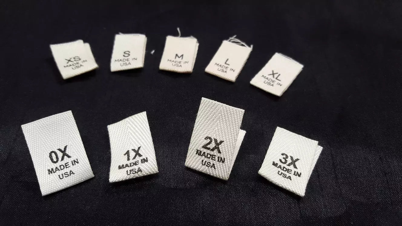 100% Woven Cotton Sew-In "MADE IN USA" Size Labels